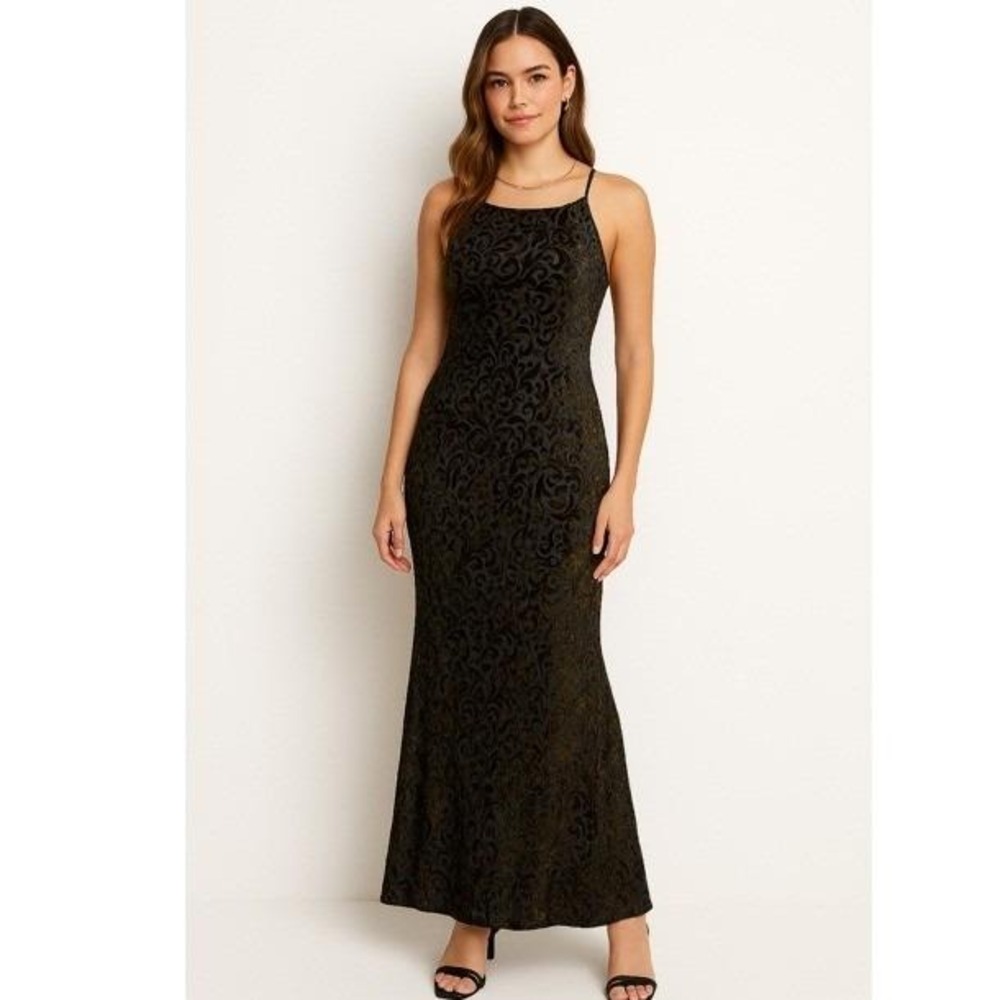 Cachet Black Velvet Burnout Floral Halter Neck Maxi Dress Size‎ 14 NWT, Y2K, NEW